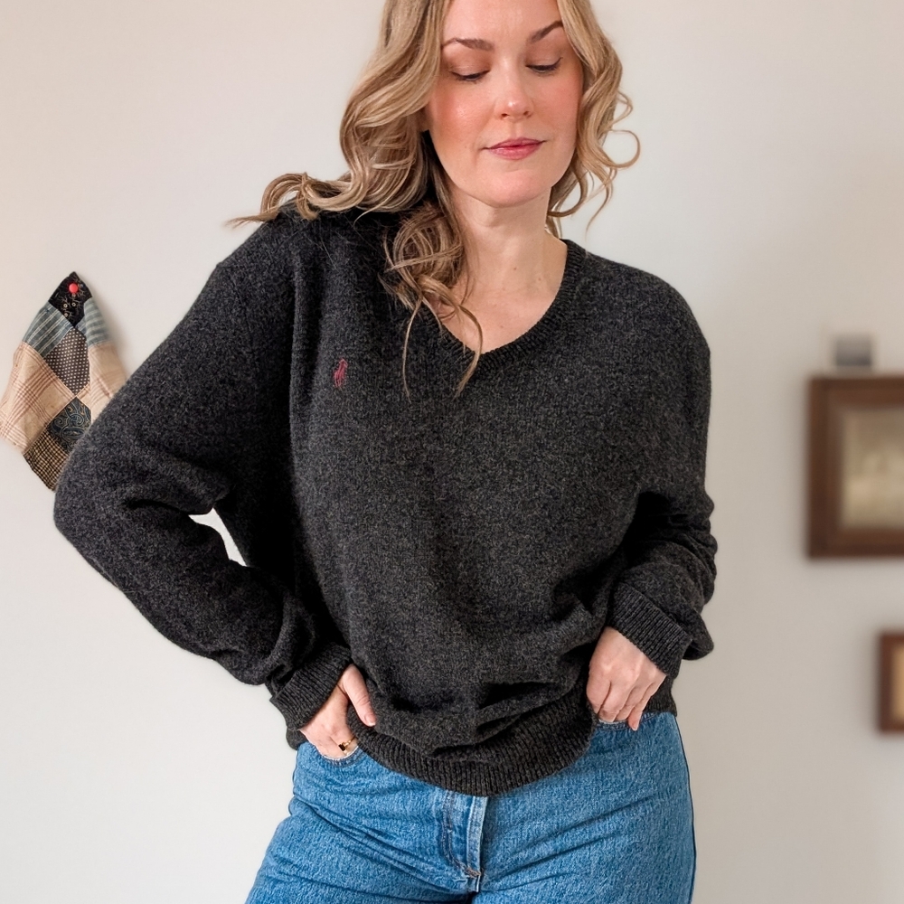 Vintage Ralph Lauren Italian Wool 80s Gray V Neck Sweater